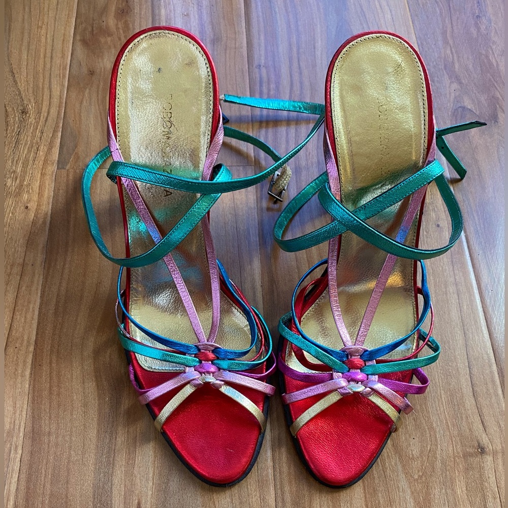Vintage BCBGMAXAZRIA Leather Metallic Rainbow Strappy Heels